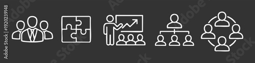 Business and teamwork line icons set on dark background featuring leadership, puzzle, presentation, hierarchy, and network concepts.