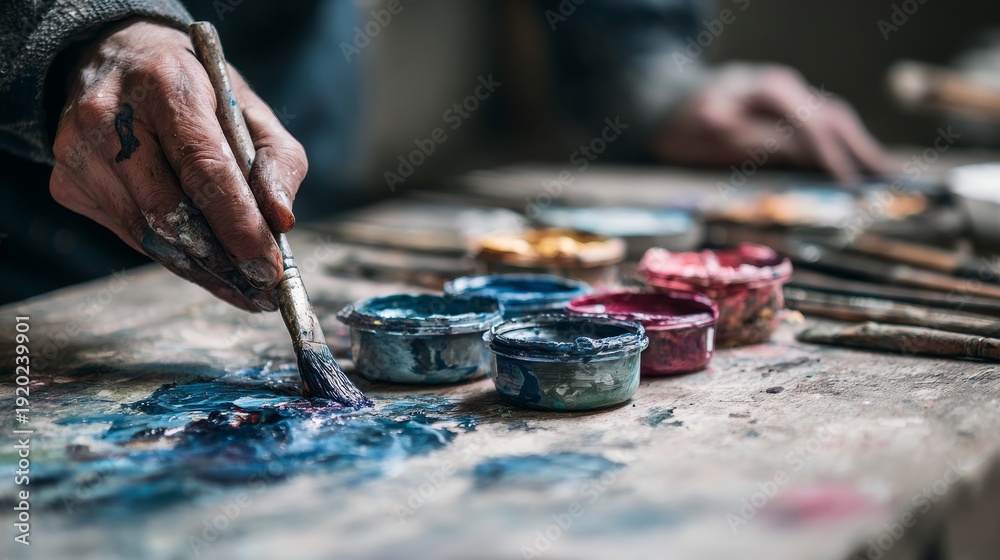 Fototapeta premium Artisan mixing natural pigments with skillful hands in an authentic creative process