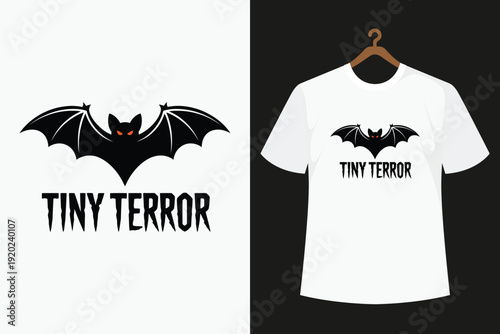 White t-shirt with black bat and tiny terror text on black background