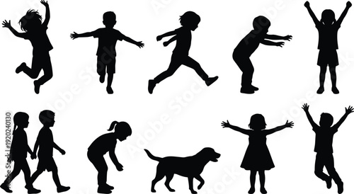 Children silhouettes collection featuring playful kids jumping, running and playing with dog isolated on white background, happy childhood activity illustration set