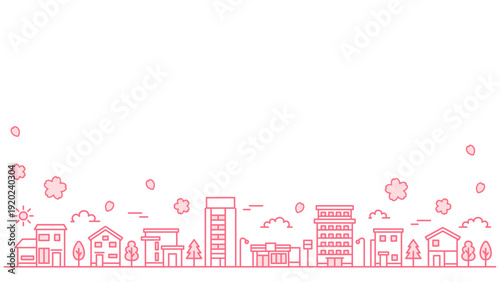 線画で描く桜の街並み ピンクライン 横長背景