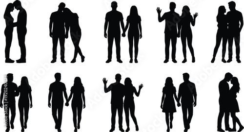 Couple silhouettes collection featuring romantic poses, walking partners and affectionate moments isolated on white background, detailed love relationship illustration set for Valentine design