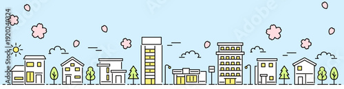 桜が彩る街並み 細線アート 水色背景 バナー素材