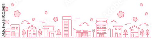 春景色の桜と街並み 繊細ライン Webバナー背景