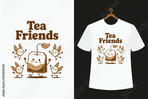 White t-shirt with brown tea bag and small characters and text tea friends on it