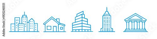Set of hand-drawn building icons including cityscapes, houses, office towers, and classical architecture.