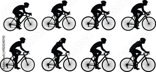 Cyclist silhouettes collection featuring road bike riders in racing position isolated on white background, detailed cycling sport illustration set for fitness and competition concepts