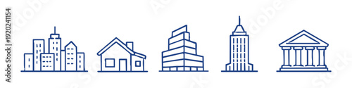 Set of hand-drawn building icons including cityscapes, houses, office towers, and classical architecture.