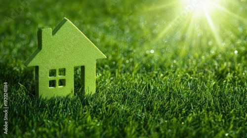 Green eco-friendly house icon sits on vibrant green lawn. Sunlight shines brightly. Concept for sustainable housing solutions, eco-conscious construction. Natural resources.