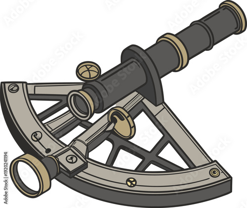 Vintage sextant instrument with brass and dark metal components navigation telescope