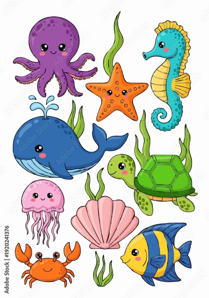 Obraz premium Friendly Octopus and Jellyfish Vector - Fun Underwater Characters. Whimsical illustration of a purple octopus and a glowing jellyfish.