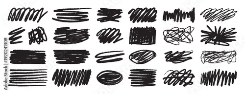 Set messy black brush textured wax crayon spots isolated on white background. Grunge chalk sketch collection. Hand drawn rough edges.