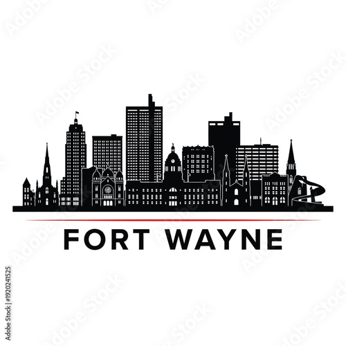 A striking black silhouette of the fort wayne city skyline