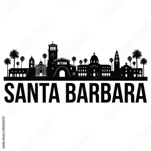 Santa Barbara skyline silhouette with palm trees and city name text