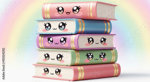 Colorful Cartoon Books Stacked with Smiling Faces on Rainbow Background
