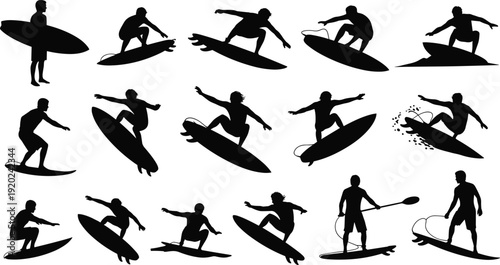Surfing silhouettes collection featuring surfers riding ocean waves, jumping with surfboards and paddle surfing isolated on white background, dynamic water sport illustration set