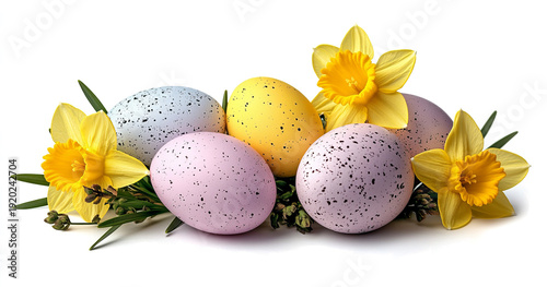 easter eggs and yellow daffodil flowers isolated on a transparent background.