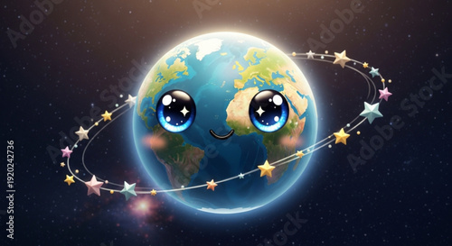 Smiling Earth with Cartoon Eyes and Ring of Stars in Outer Space