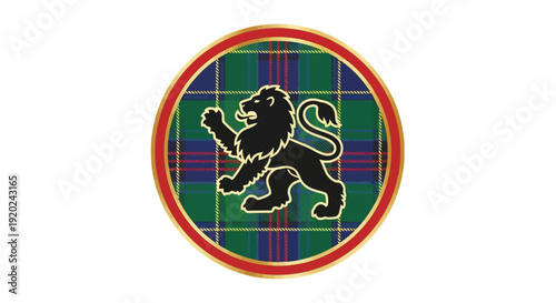 Flat design of a lion rampant on a tartan pattern background with a Celtic knot border, symbolizing Scottish heritage and cultural identity.