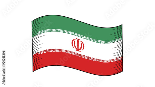 Waving flag of Iran with national emblem and Arabic calligraphy in a sketch style