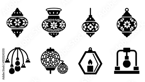 Collection of diverse decorative lamps and lanterns in black and white silhouette style