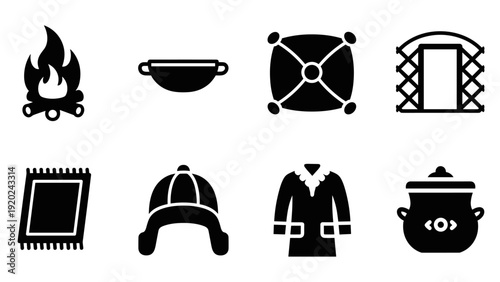 Collection of nomadic lifestyle icons including campfire, rug, hat, and cooking pot