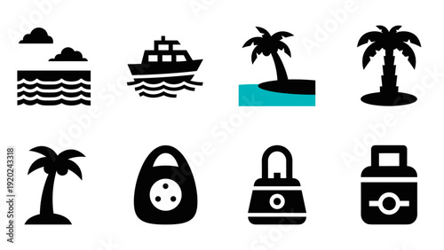 Collection of travel and vacation icons including ocean, ship, palm trees, and luggage