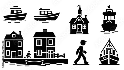 Collection of simple black icons representing boats, houses, and a person walking