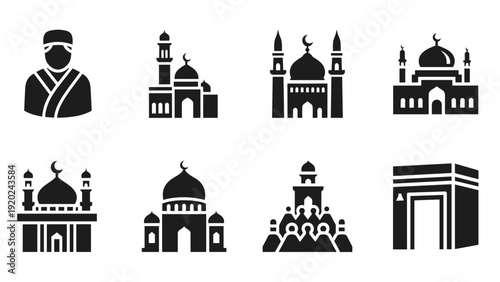 Collection of Islamic cultural icons including mosques, Kaaba, and a person in traditional attire