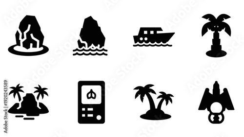 Collection of travel and vacation icons including islands, boats, and palm trees