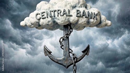 Central Bank: A metaphoric visual representation where the central bank serves as the steadfast anchor against economic storms. The imagery encapsulates financial stability.