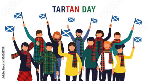 A diverse group of people wearing traditional Scottish attire and holding Scottish flags, celebrating Tartan Day with a vibrant and festive atmosphere, conveying Scottish heritage and
