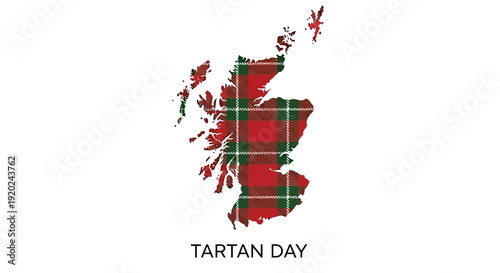 Flat design illustration of Scotland map with tartan pattern on a white background, celebrating Tartan Day with a Saint Andrew cross and traditional Scottish heritage elements.