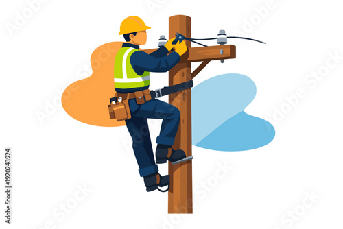 Electrician working on utility pole connecting wires safely.