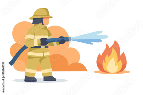 Firefighter spraying water on a fire with a hose.