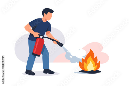 Man using fire extinguisher to put out a small fire.