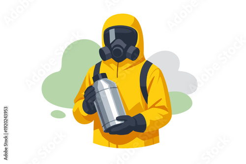Person in Hazmat Suit Holding Container.