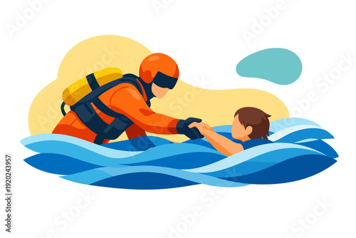 Rescuer in orange uniform helps person in water.