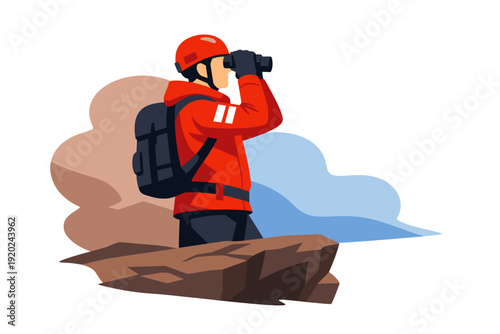 Search and Rescue Person Looking Through Binoculars on Rocky Outcrop.