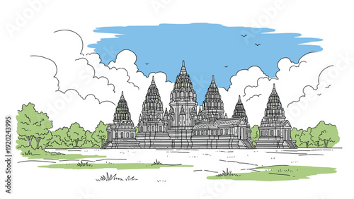 Stylized line drawing of a grand ancient temple complex with multiple spires under a blue sky