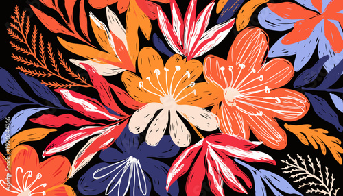 Artistic autumn background with watercolor brush textures, featuring hand-painted flowers and botanical leaves, forming an abstract elegant vector-style wallpaper ideal for invitations and wall art.