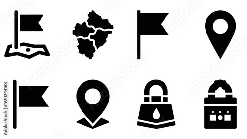 Collection of navigation and location icons including map pins, flags, and a map outline