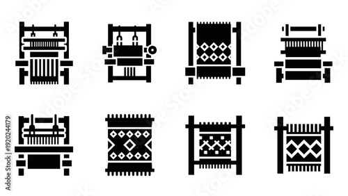 Collection of various weaving looms and textile patterns, black and white icons
