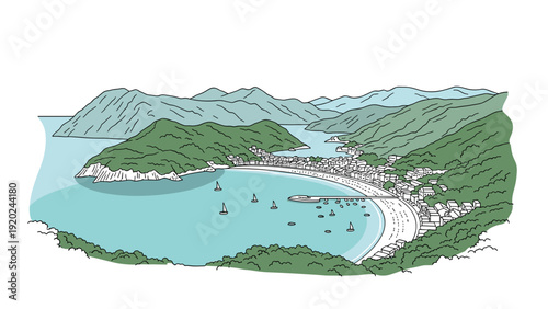 Charming coastal village nestled in a bay with sailboats and lush green mountains