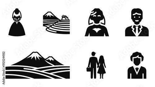 Collection of Japanese cultural icons including Mount Fuji, people, and traditional attire