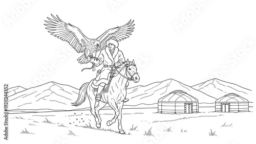 Mongolian eagle hunter on horseback with traditional yurts and mountains in the background