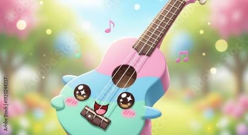 Cartoon Ukulele Character in Pink and Blue Playing Music in Spring Garden