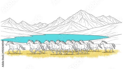 Herd of horses running across a grassy field with mountains and a lake in the background