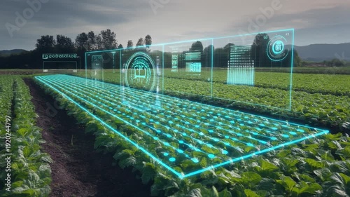 Smart farming interface analyzing plant health. Holographic UI data overlay on crops with AI sensors. Futuristic precision agriculture technology for sustainable food production