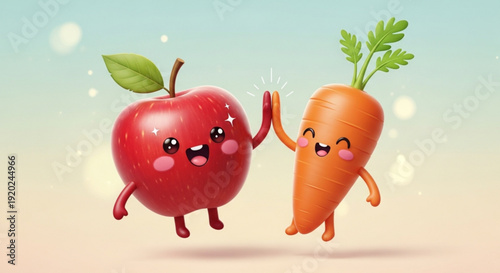 Happy Cartoon Apple and Carrot Dancing Together on Gradient Background